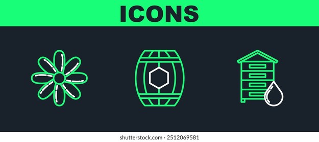 Colmena para abejas, flor y barril de madera con icono de miel. Vector