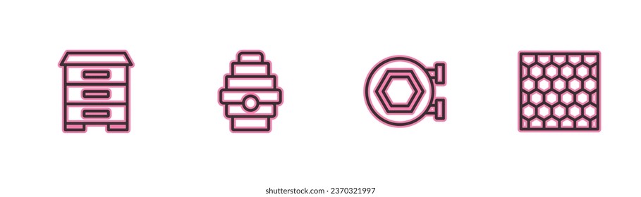 Set line Hive for bees, Hanging sign with honeycomb,  and Honeycomb icon. Vector