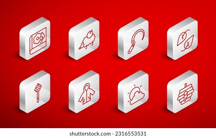 Set line Hive for bees, Hedgehog, Sickle, Leaf, Sun and cloud weather, Herbarium, Raincoat and Honey dipper stick icon. Vector