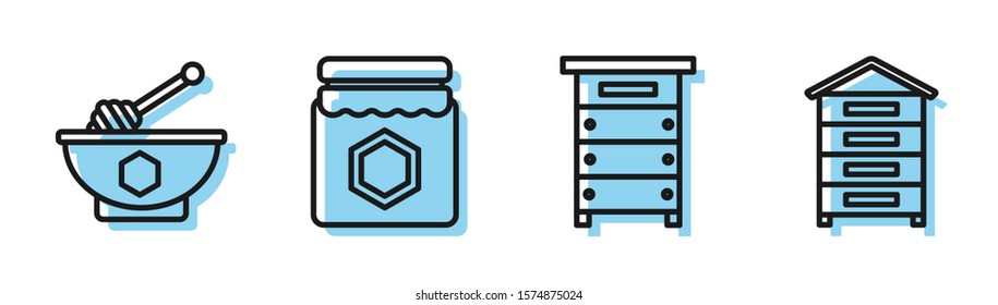 Set line Hive for bees, Honey dipper stick and bowl, Jar of honey and Hive for bees icon. Vector