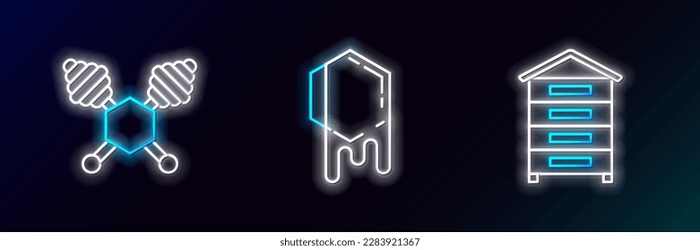 Set line Hive for bees, Honey dipper stick and Honeycomb icon. Glowing neon. Vector