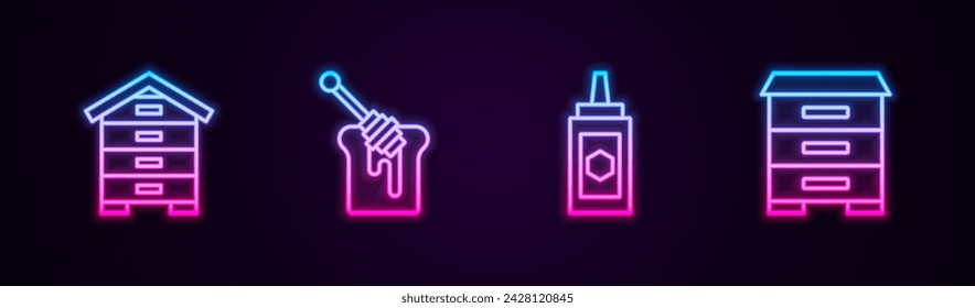 Set line Hive for bees, Honey dipper stick with honey, Jar of and . Glowing neon icon. Vector