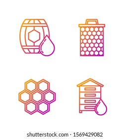 Set line Hive for bees, Honeycomb, Wooden barrel with honey and Honeycomb. Gradient color icons. Vector