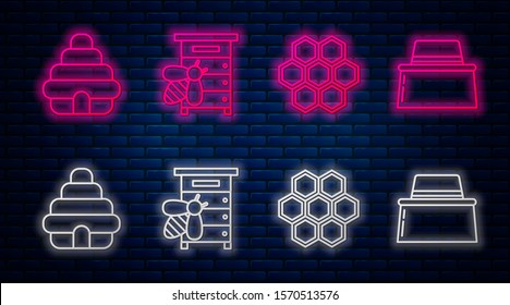 Set line Hive for bees, Honeycomb, Hive for bees and Beekeeper with protect hat. Glowing neon icon on brick wall. Vector