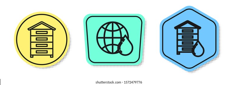 Set line Hive for bees, Honeycomb map of the world and Hive for bees. Colored shapes. Vector