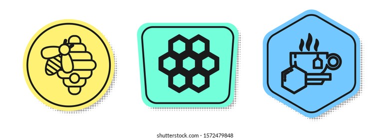 Set line Hive for bees, Honeycomb and Cup of tea with honey. Colored shapes. Vector