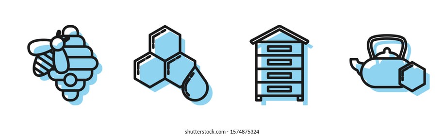 Set line Hive for bees, Hive for bees, Honeycomb and Tea kettle with honey icon. Vector