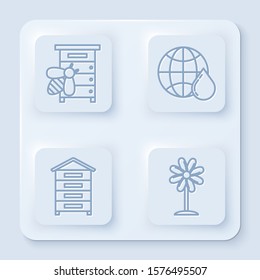 Set line Hive for bees, Honeycomb map of the world, Hive for bees and Flower. White square button. Vector