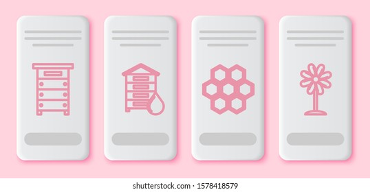 Set line Hive for bees, Hive for bees, Honeycomb and Flower. White rectangle button. Vector