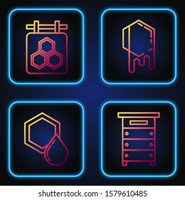 Set line Hive for bees, Honeycomb, Hanging sign with honeycomb and Honeycomb. Gradient color icons. Vector