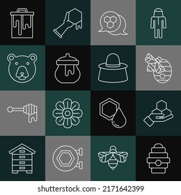 Set line Hive for bees, Honeycomb and hand, Jar of honey, Bear head,  and Beekeeper with protect hat icon. Vector