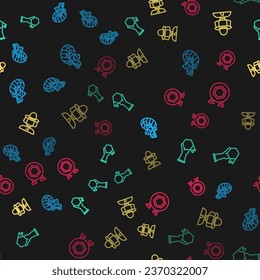 Set line Hive for bees, Honeycomb and hand, Beekeeper with protect hat and Hanging sign honeycomb on seamless pattern. Vector