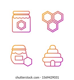 Set line Hive for bees, Jar of honey, Jar of honey and Honeycomb. Gradient color icons. Vector