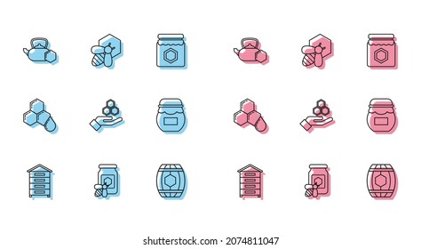 Fijar la línea Hive para las abejas, Jar de miel con, Calentador de té, Barril de madera, Honeycomb y mano, e ícono de Bee honeycomb. Vector