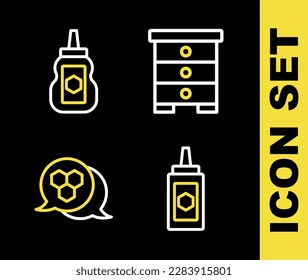 Set line Hive for bees, Jar of honey, Honeycomb and  icon. Vector