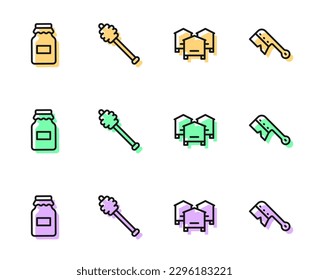 Fijar la línea Hive para las abejas, Jar de miel, Palo de cuentagotas y el icono del cepillo de apicultura. Vector