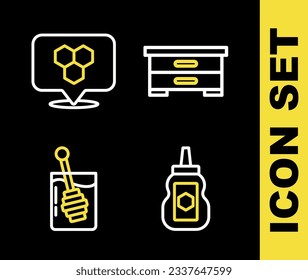 Fijar la línea Hive para abejas, el Jar de miel, el Admidero de miel y el icono de ubicación del Honeycomb. Vector