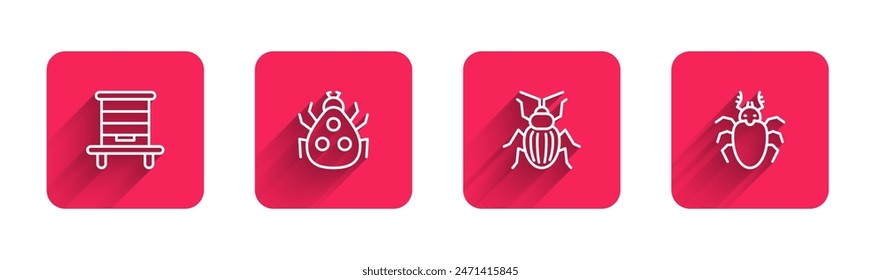 Set line Hive for bees, Ladybug, Chafer beetle and Beetle deer with long shadow. Red square button. Vector