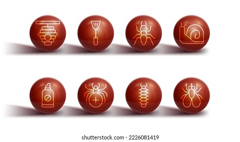 Set line Hive for bees, Spray against insects, Snail, Centipede, Spider, Fly swatter, Insect fly and Ant icon. Vector