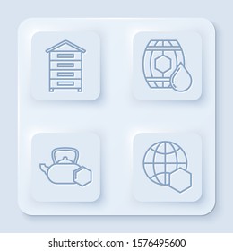 Set line Hive for bees, Wooden barrel with honey, Tea kettle with honey and Honeycomb map of the world. White square button. Vector