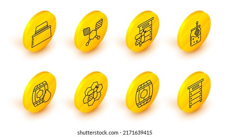 Set line Hive for bees, Wooden barrel with honey, Bee and honeycomb, Jar of dipper stick, Honey and Beekeeper protect hat icon. Vector
