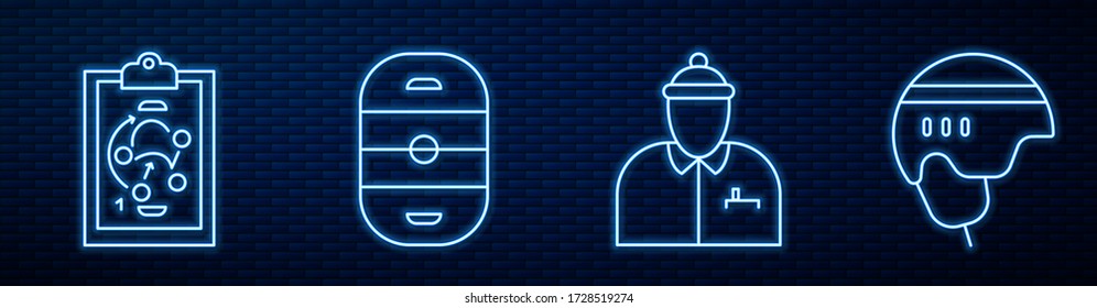 Set line Hockey coach, Planning strategy, Ice hockey rink, Hockey helmet and Ice hockey sticks and puck. Glowing neon icon on brick wall. Vector