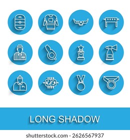 Set line Hockey coach, table, Ice hockey rink, Medal, Whistle, Air horn and Award cup icon. Vector