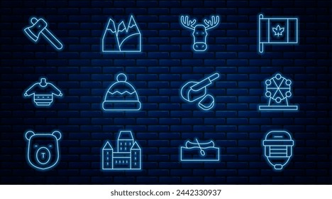 Set line Hockey helmet, Ferris wheel, Moose head with horns, Beanie hat, Christmas sweater, Wooden axe, Peameal bacon and Mountains icon. Vector