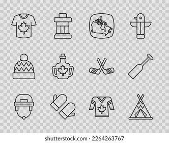 Set line Hockey helmet, Indian teepee or wigwam, Canada map, Christmas mitten, jersey, Bottle of maple syrup,  and Paddle icon. Vector