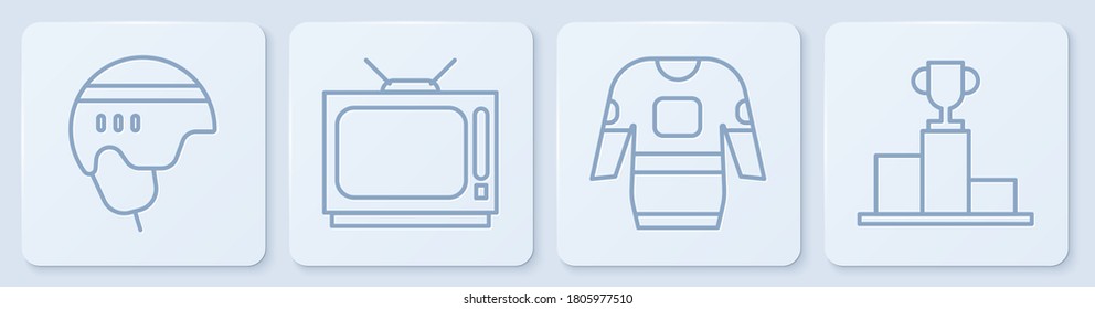 Set line Hockey helmet, Hockey jersey, Retro tv and Hockey over sports winner podium. White square button. Vector