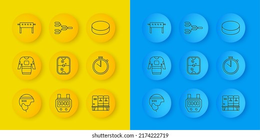 Set line Hockey helmet, jersey, Air hockey table, Locker or changing room, Stopwatch, puck and Championship tournament bracket icon. Vector
