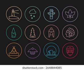 Set line Hockey helmet, Native American Indian, Canadian totem pole, spruce, Wooden log, Lighthouse, Winter hat and Cloud with snow icon. Vector