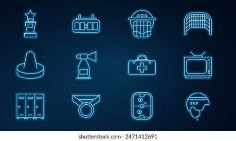 Set line Hockey helmet, Retro tv, Air horn, Mallet for playing air hockey, Award cup, First aid kit and mechanical scoreboard icon. Vector