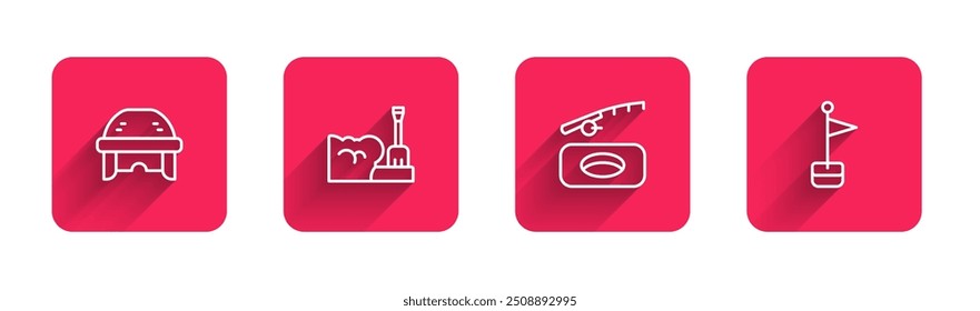 Set line Hockey helmet, Shovel in snowdrift, Winter fishing and Location marker with long shadow. Red square button. Vector