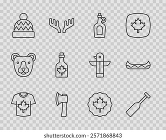 Set line Hockey jersey, Paddle, Bottle of maple syrup, Wooden axe, Beanie hat, Canadian leaf and Kayak icon. Vector