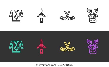 Set line Hockey jersey, Wind turbine, Ice hockey sticks and Deer head with antlers on black and white. Vector