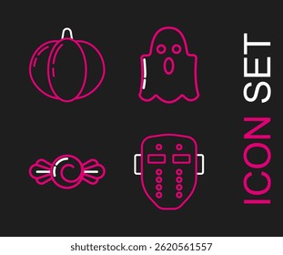Set line Hockey mask, Candy, Ghost and Pumpkin icon. Vector