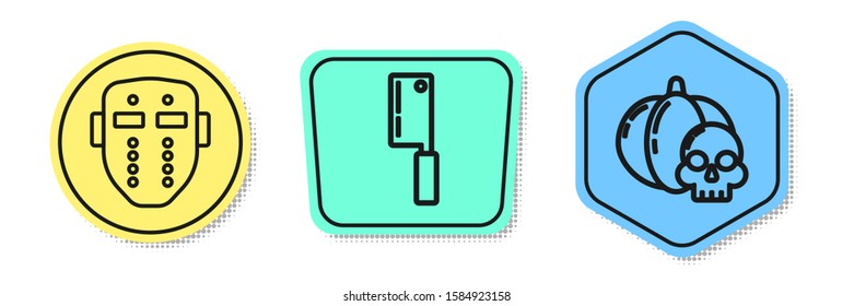 Set line Hockey mask , Meat chopper  and Pumpkin and skull . Colored shapes. Vector