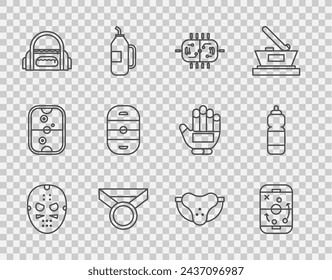 Set line Hockey mask, Planning strategy, table, Medal, Sport bag, Ice hockey rink, Protective sport jockstrap and Fitness shaker icon. Vector
