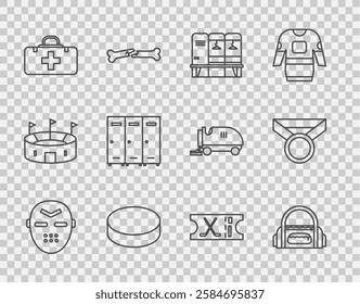 Set line Hockey mask, Sport bag, Locker changing room, puck, First aid kit, sports ticket and Medal icon. Vector