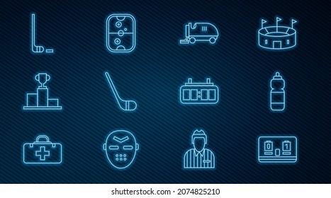 Set line Hockey mechanical scoreboard, Fitness shaker, Ice resurfacer, hockey stick, over sports winner podium, and puck,  and Air table icon. Vector