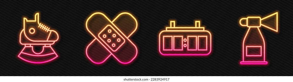 Set line Hockey mechanical scoreboard, Skates, Crossed bandage plaster and Air horn. Glowing neon icon. Vector