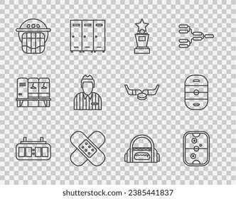 Set line Hockey mechanical scoreboard, Air hockey table, Award cup, Crossed bandage plaster, helmet, judge, referee, arbiter, Sport bag and Ice rink icon. Vector