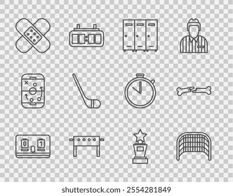 Set line Hockey mechanical scoreboard, Ice hockey goal, Locker changing room, table, Crossed bandage plaster, stick, Award cup and Human broken bone icon. Vector