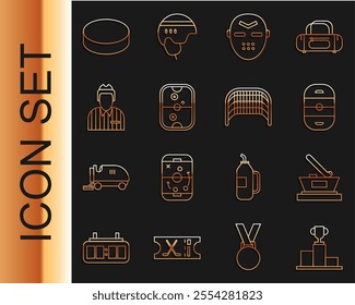 Set line Hockey over sports winner podium, Ice hockey cup champion, rink, mask, Air table, judge, referee, arbiter, puck and goal icon. Vector