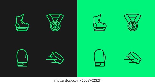 Set line Hockey puck, Boxing glove, Skates and Medal icon. Vector