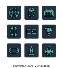 Set line Hockey puck, Dart arrow, Classic dart board, Sport mechanical scoreboard, Billiard table, Rugby ball, Basketball and balls in rack triangle icon. Vector