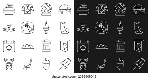 Set line Hockey puck, Pennant flag of Canada, Skates, Montreal Biosphere, map, Ice hockey sticks, Stone for curling and TV CN Tower Toronto icon. Vector