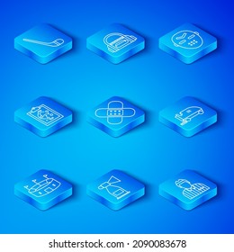 Set line Hockey stadium, Crossed bandage plaster, Air horn, Ice resurfacer, mask, Planning strategy, hockey stick and judge, referee, arbiter icon. Vector