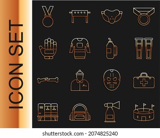 Set line Hockey stadium, First aid kit, Crutch or crutches, Protective sport jockstrap, jersey, glove, Medal and Fitness shaker icon. Vector